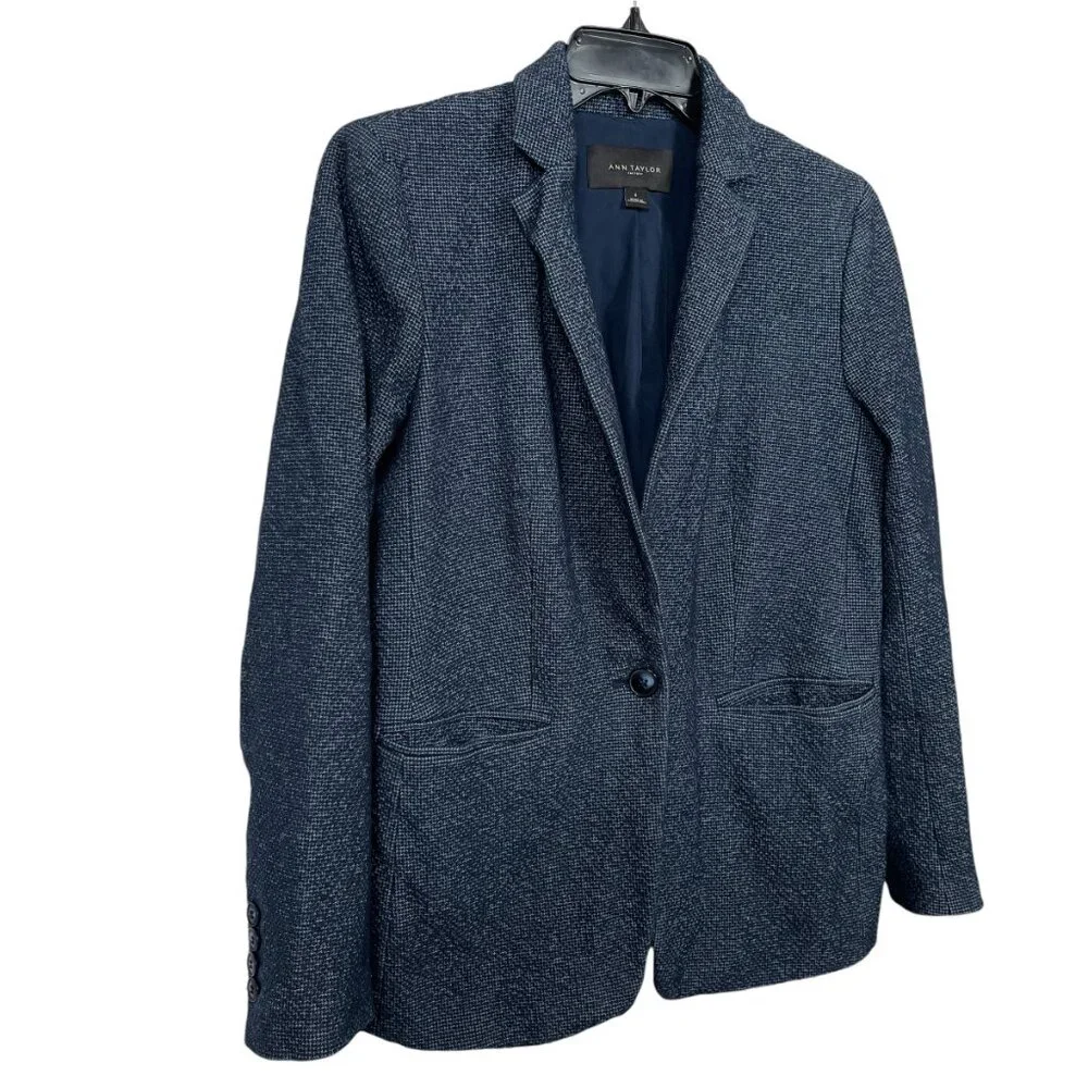 Ann Taylor Factory Tweed Blazer Size 6 Navy Blue One Button Career Workwear - Picture 4 of 12